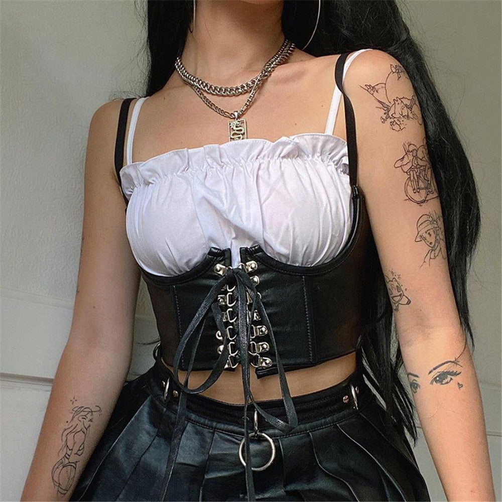 PU Leather Corset Goth Punk Lace-Up Bandage Black Bustier Streetwear Underbust Support Braces Shaper Top