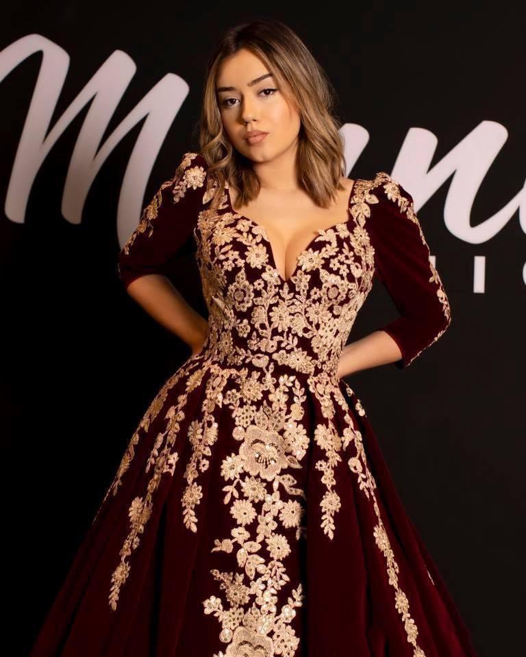 Elegant Arabic Lace Velbet Burgundy Evening Ball Gown