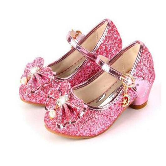 Princess Butterfly Leather Shoes Kids Diamond Bowknot High Heel Glitter Shoes