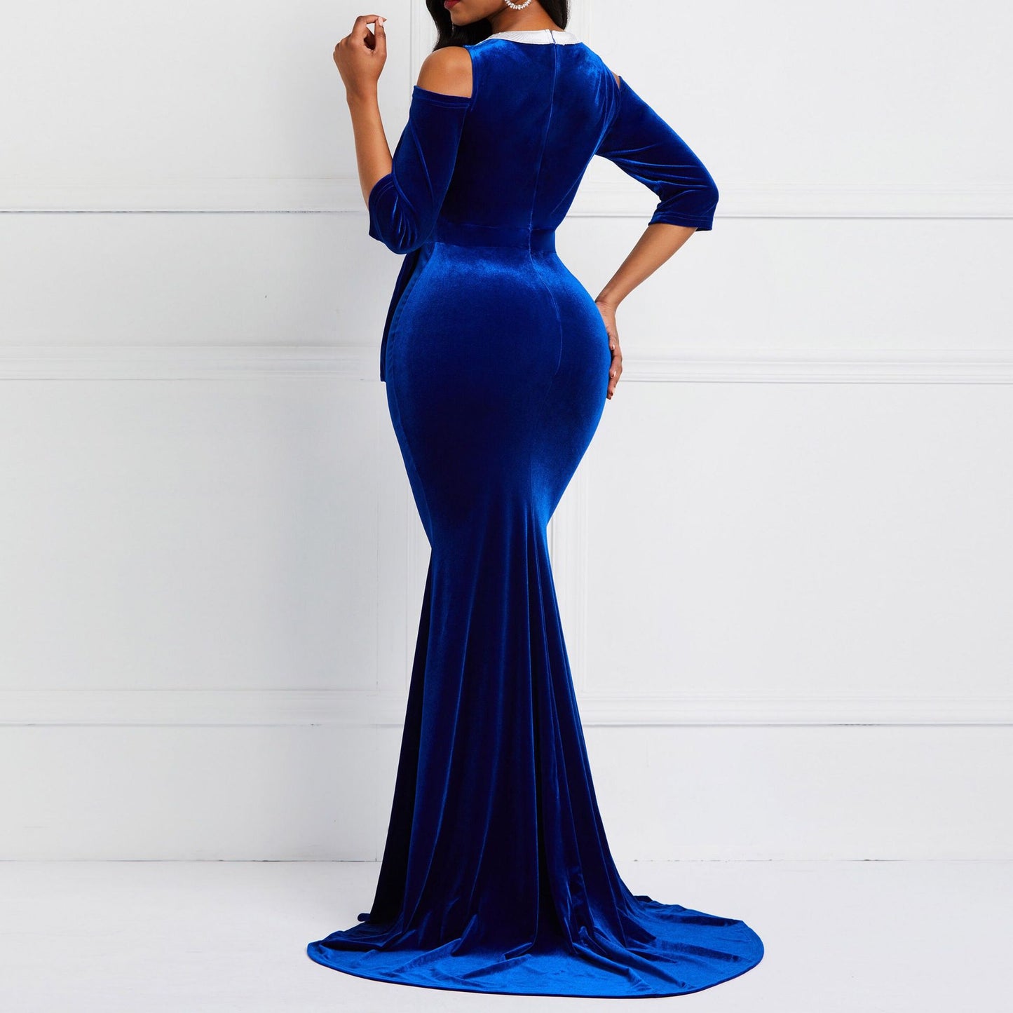 Off Shoulder Patchwork Peplum Ruffles Bodycon Dress Red Retro Velvet Mermaid Dress Long Maxi Dress