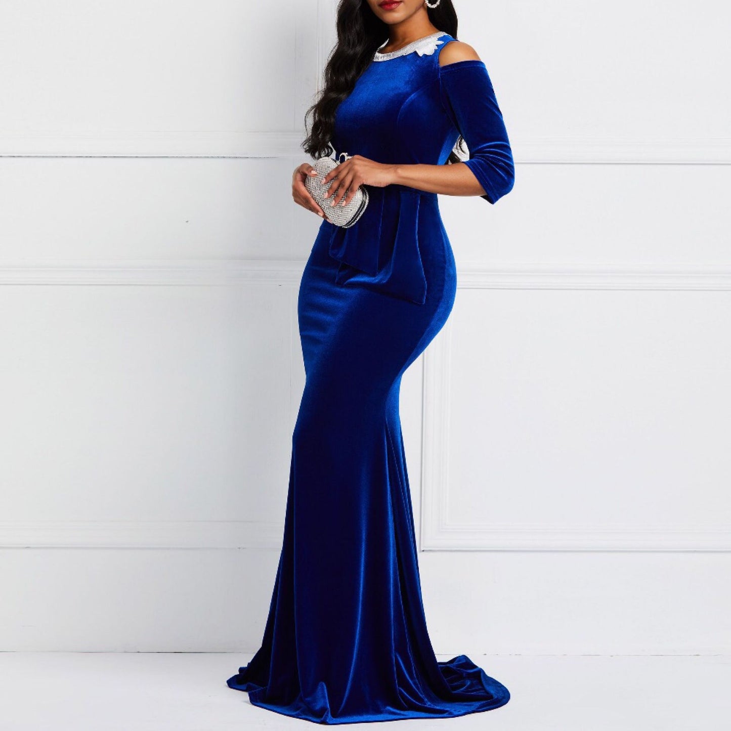Off Shoulder Patchwork Peplum Ruffles Bodycon Dress Red Retro Velvet Mermaid Dress Long Maxi Dress