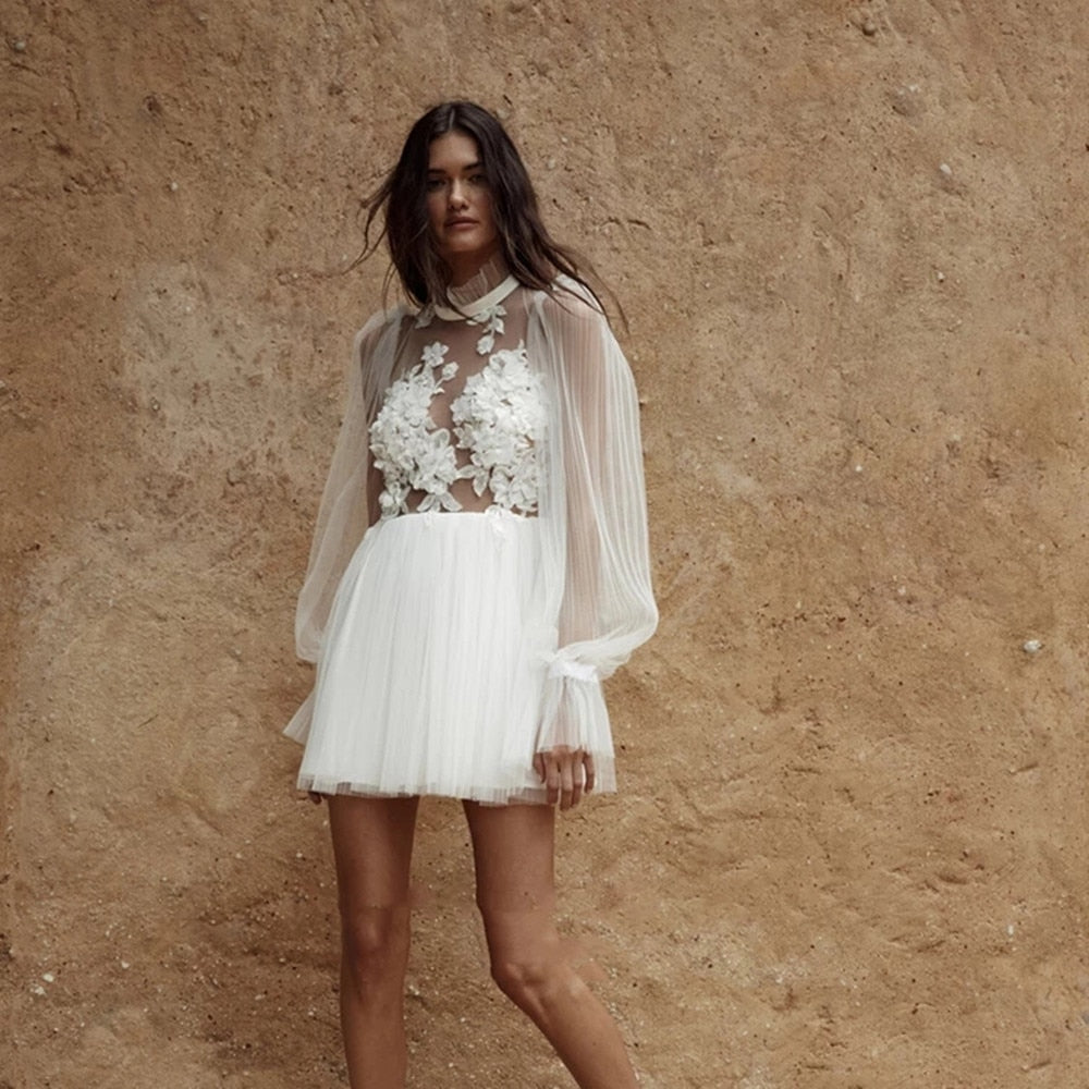 Short Wedding Dresses O-Neck Long Puff Sleeves White / 10 Short Wedding Dresses O-Neck Long Puff Sleeves White / 10