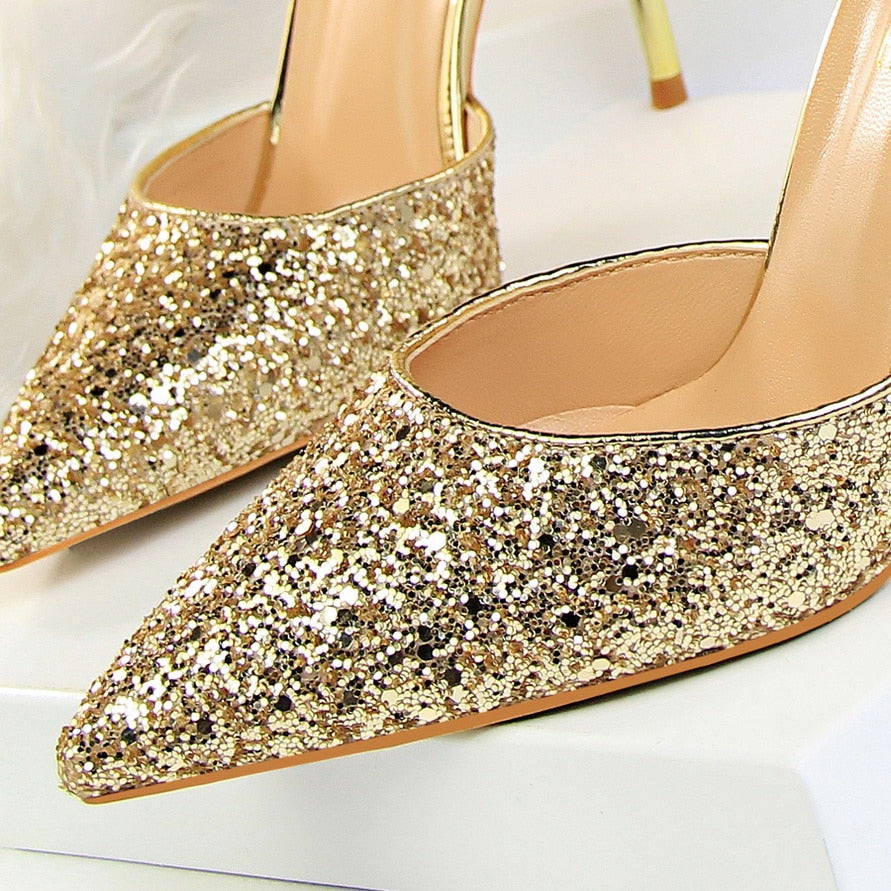 Glitter Gold Pumps. 7.5cm 9.5cm High Heels Shoes
