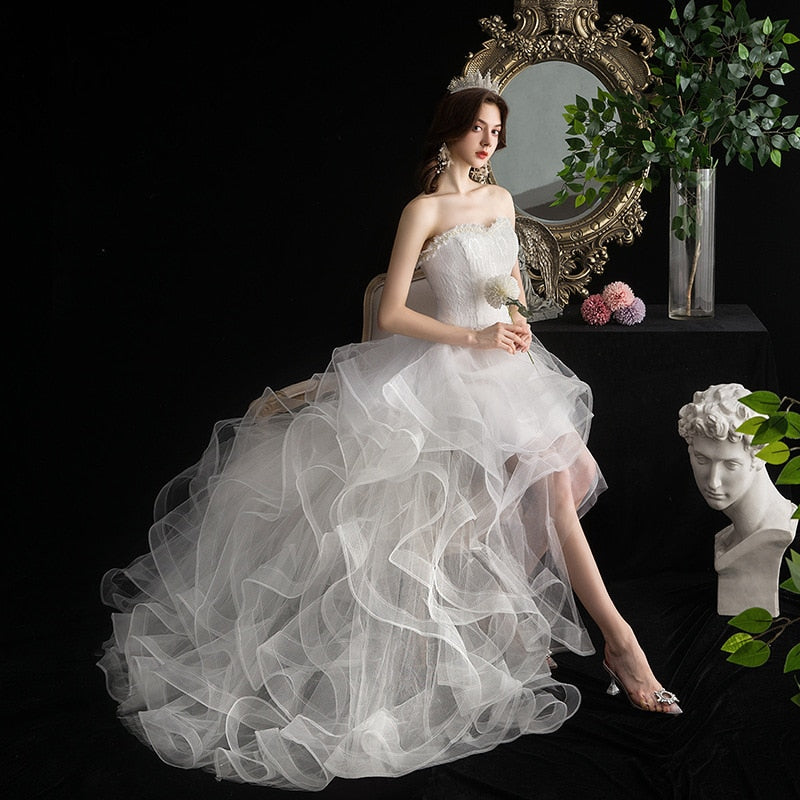 Front Short Long Back Strapless Wedding Dress