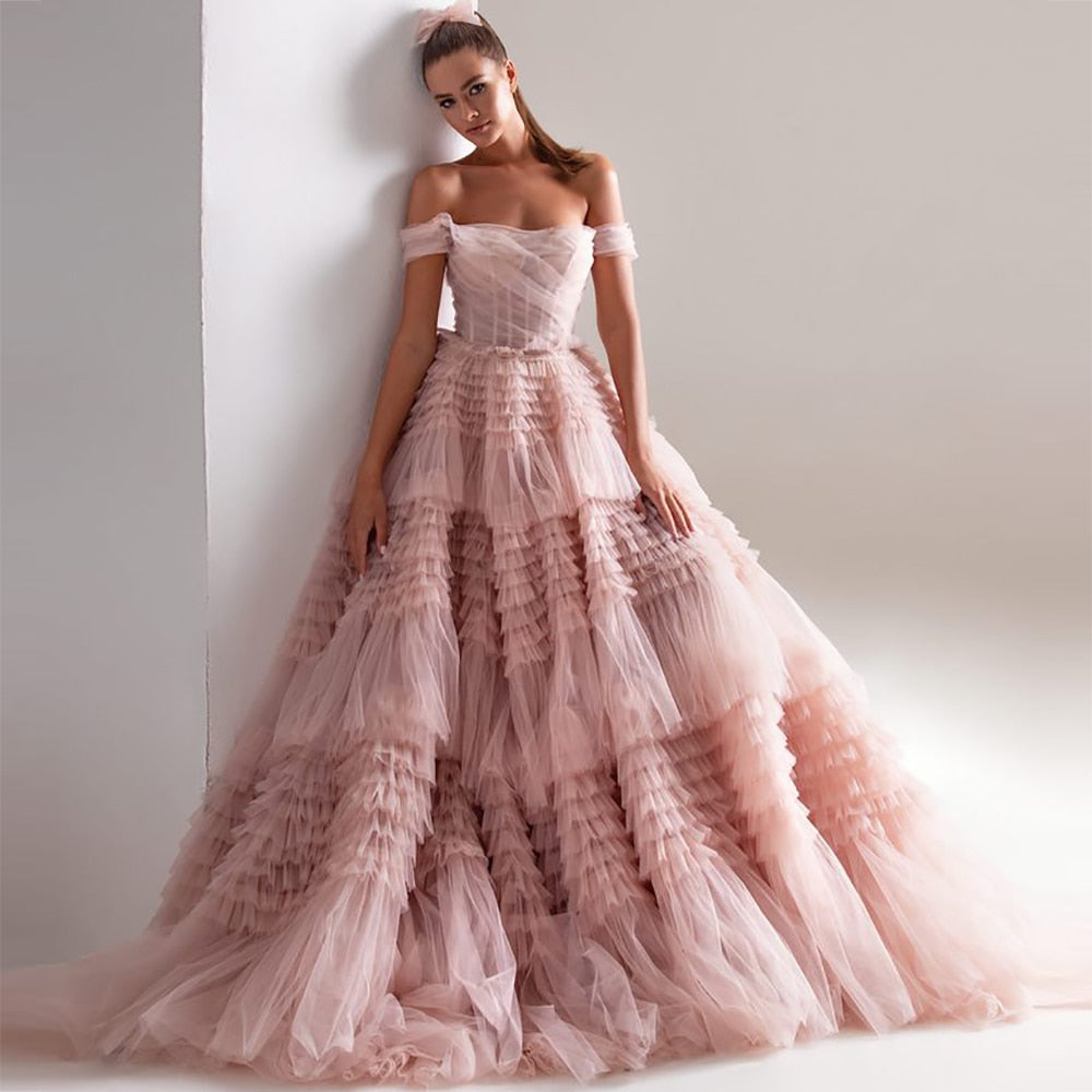 Princess Wedding Dresses Sweetheart Off Shoulder Sweep Train Tulle Ruffle  Gowns