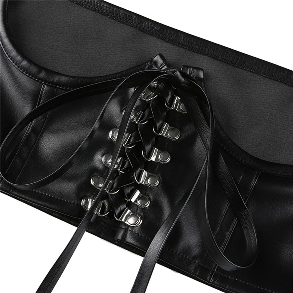 PU Leather Corset Goth Punk Lace-Up Bandage Black Bustier Streetwear Underbust Support Braces Shaper Top