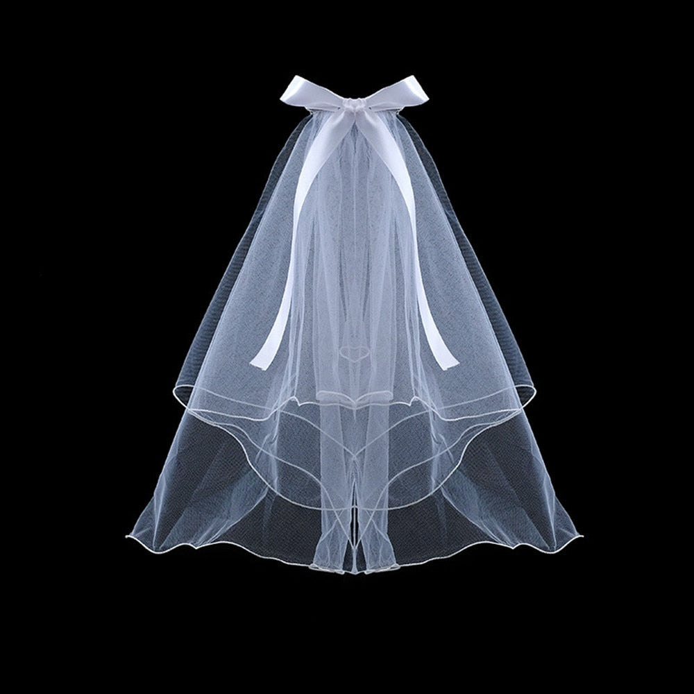Two Layers Wedding Veils With Comb Short Tulle Bridal Veil Bow Beads R –  Make Me Elegant