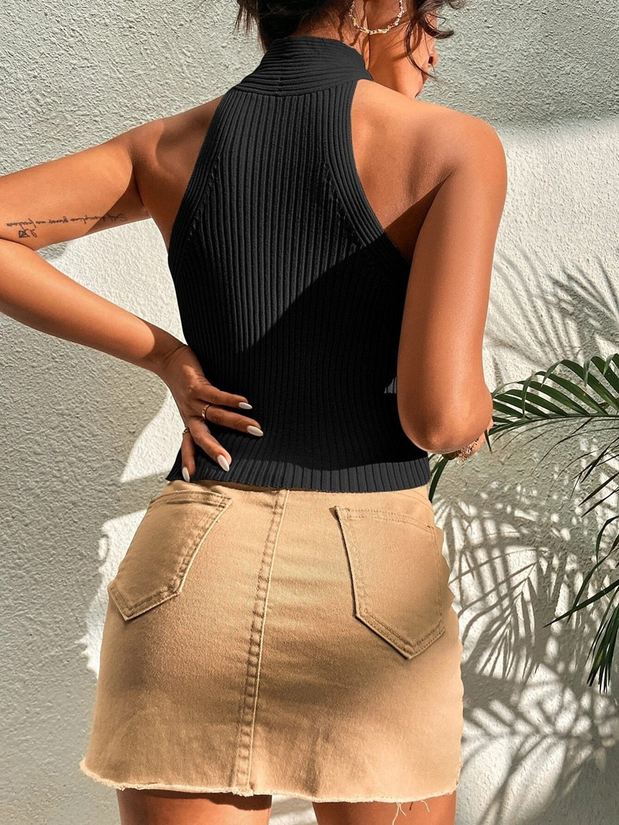 Heart Criss Cross Ribbed Knit Sleeveless Halter Crossfit Y2K Crop Top