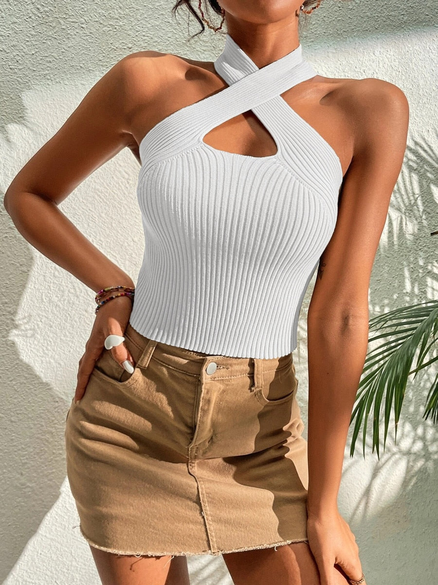 Heart Criss Cross Ribbed Knit Sleeveless Halter Crossfit Y2K Crop Top