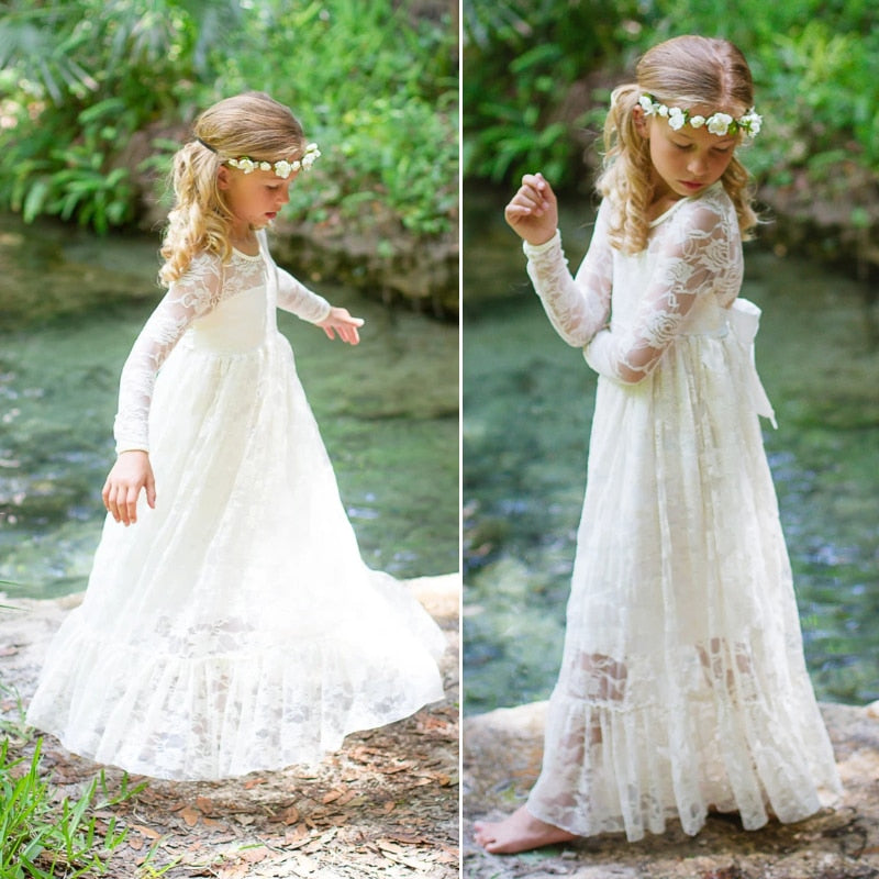 Flower Girl Dresses White Beige Long Sleeve Dress