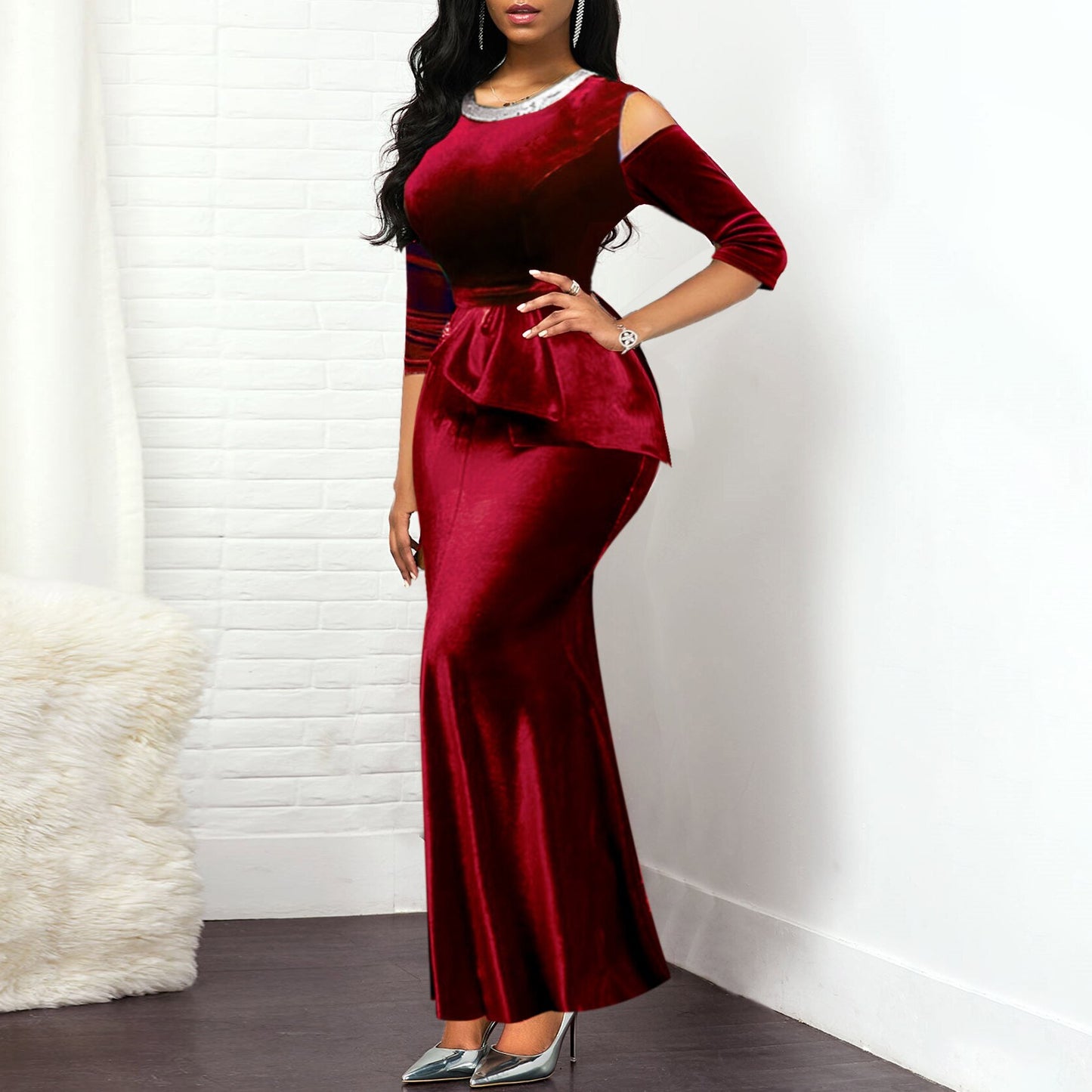 Off Shoulder Patchwork Peplum Ruffles Bodycon Dress Red Retro Velvet Mermaid Dress Long Maxi Dress