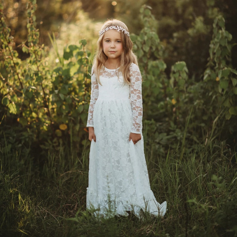Flower Girl Dresses White Beige Long Sleeve Dress