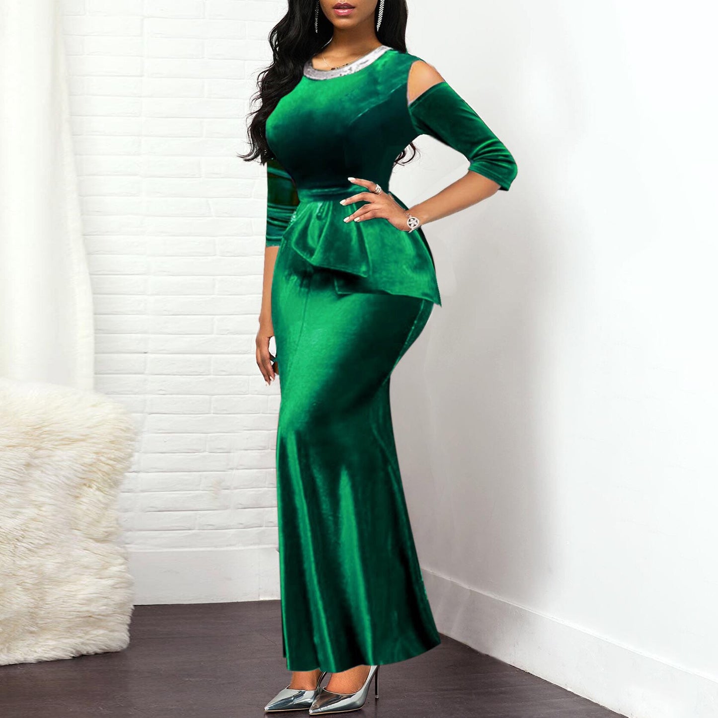 Off Shoulder Patchwork Peplum Ruffles Bodycon Dress Red Retro Velvet Mermaid Dress Long Maxi Dress