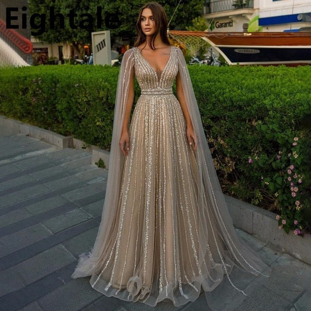 A Line Shinning V Neck Luxury Sequined Formal Dresses