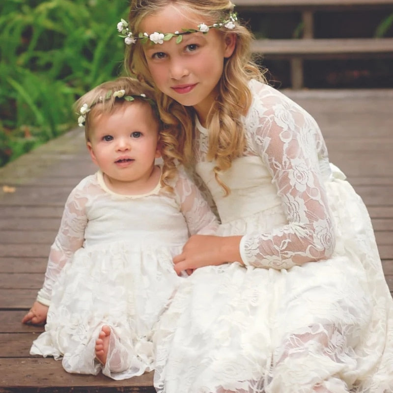Flower Girl Dresses White Beige Long Sleeve Dress