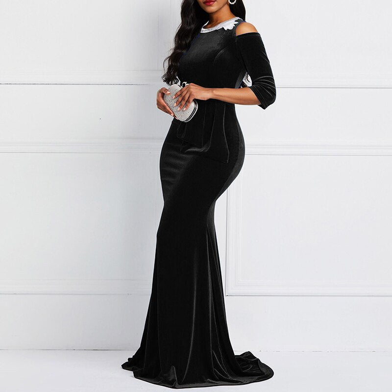 Off Shoulder Patchwork Peplum Ruffles Bodycon Dress Red Retro Velvet Mermaid Dress Long Maxi Dress