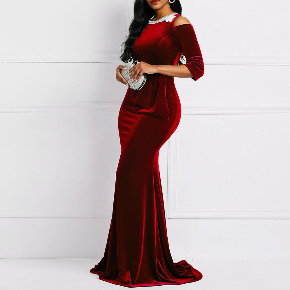 Off Shoulder Patchwork Peplum Ruffles Bodycon Dress Red Retro Velvet Mermaid Dress Long Maxi Dress