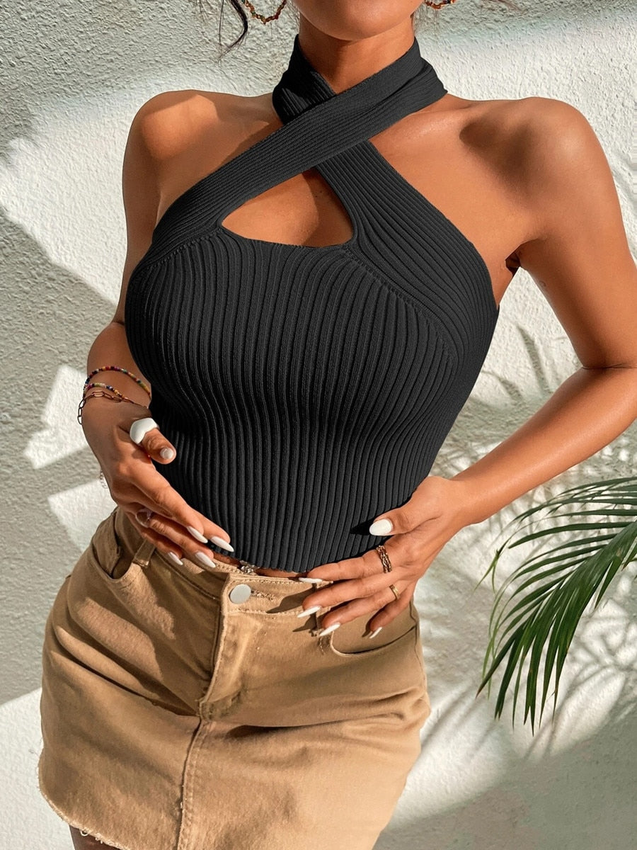 Heart Criss Cross Ribbed Knit Sleeveless Halter Crossfit Y2K Crop Top