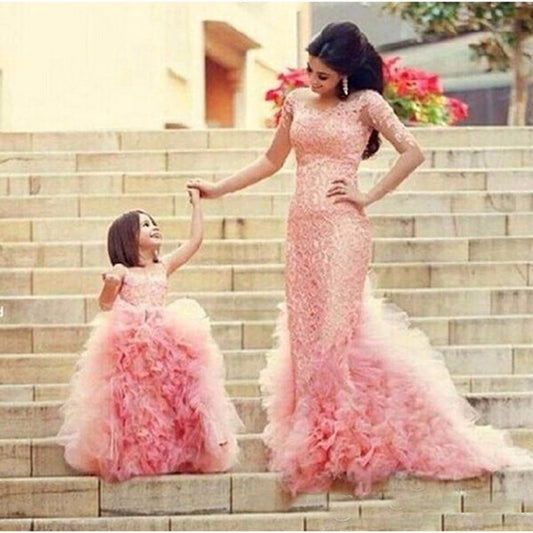 Flower Girls Pink Tulle Ruffled Mermaid Mother And Daughter Gowns