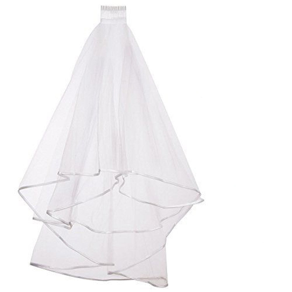 Two Layers Wedding Veils With Comb Short Tulle Bridal Veil Bow Beads Ribbon Edge