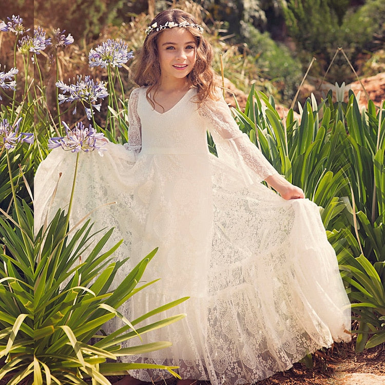 Flower Girl Dresses White Beige Long Sleeve Dress