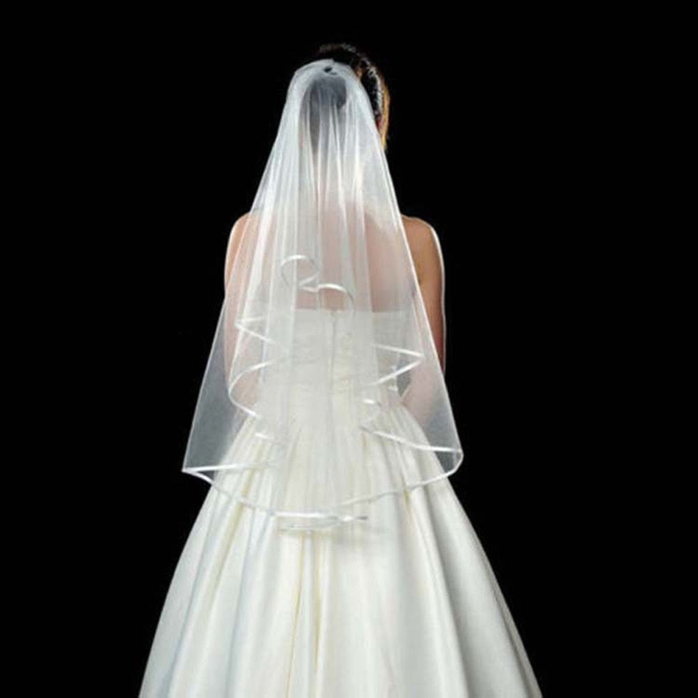 Two Layers Wedding Veils With Comb Short Tulle Bridal Veil Bow Beads Ribbon Edge