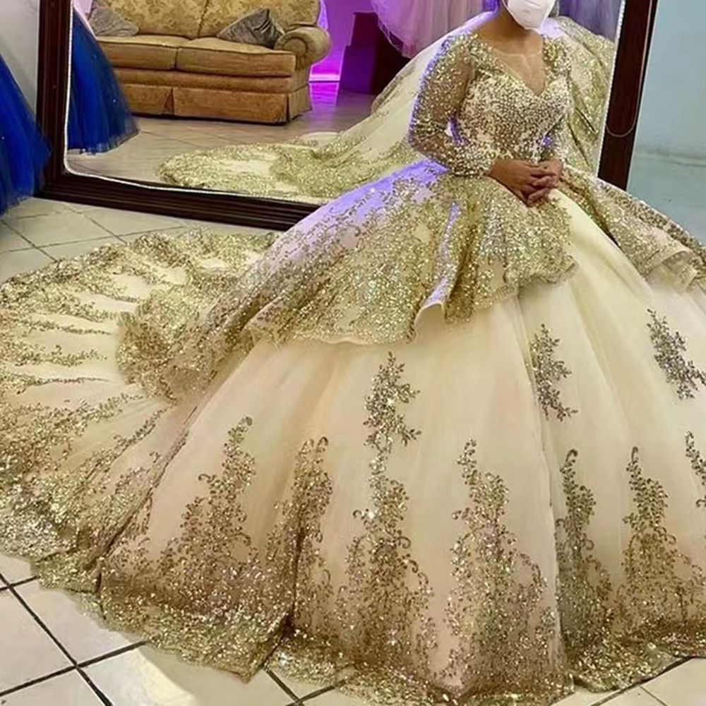Sparkly Champagne Gold Appliques Sequined Quinceanera Dress Sparkly Champagne Gold Appliques Sequined Quinceanera Dress