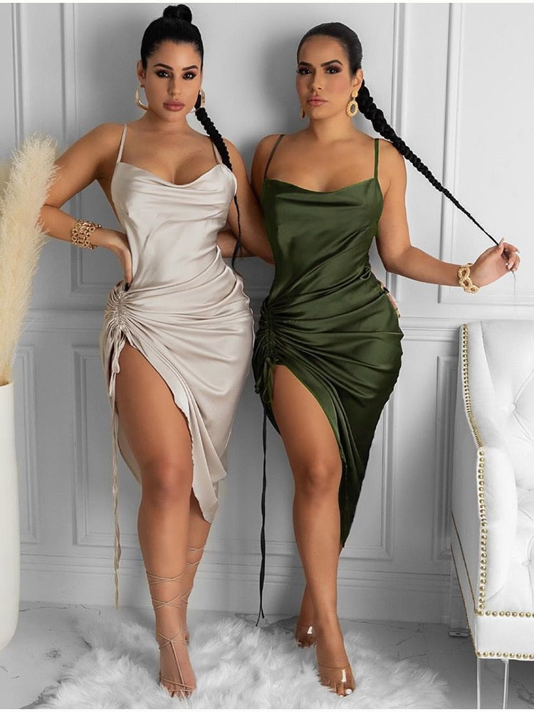 Ruched Satin Summer Dress Drawstring Spaghetti Straps Cowl Neck Backless Long Dresses