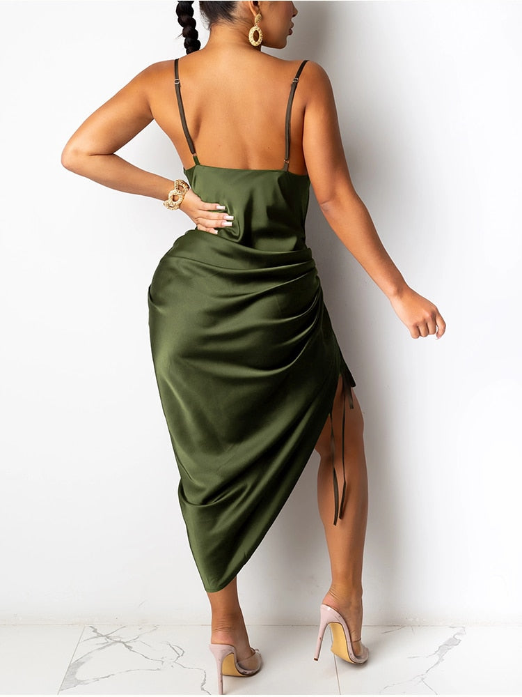 Ruched Satin Summer Dress Drawstring Spaghetti Straps Cowl Neck Backless Long Dresses