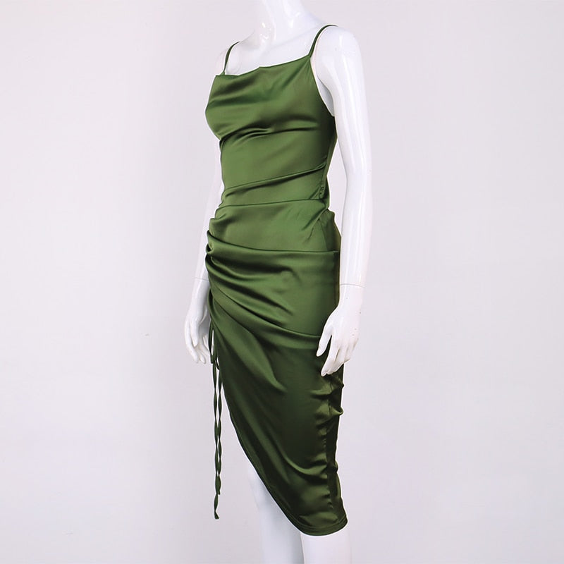 Ruched Satin Summer Dress Drawstring Spaghetti Straps Cowl Neck Backless Long Dresses