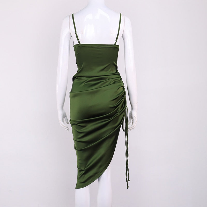 Ruched Satin Summer Dress Drawstring Spaghetti Straps Cowl Neck Backless Long Dresses