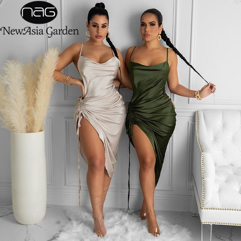 Ruched Satin Summer Dress Drawstring Spaghetti Straps Cowl Neck Backless Long Dresses