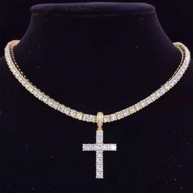 Cross Pendant Necklace with 4mm Zircon Tennis Chain Iced out Bling Necklaces Unisex