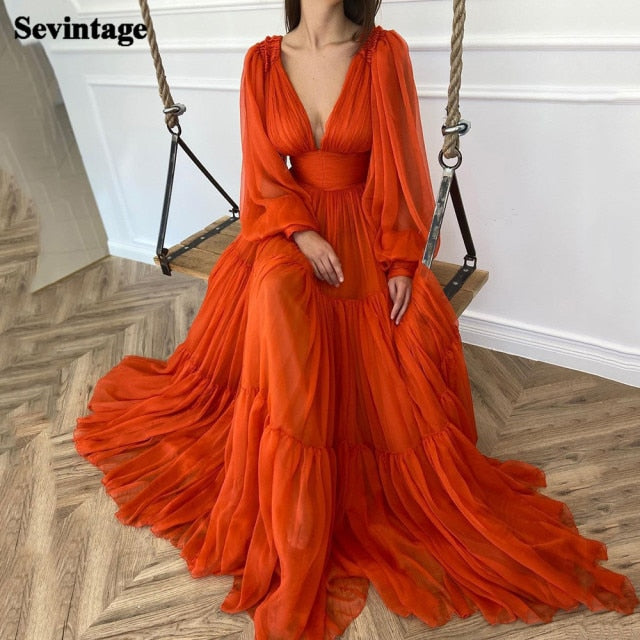 Long Puff Sleeves Prom Dresses V-Neck Pleats Chiffon Princess Evening Gowns