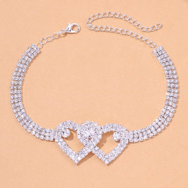 Silver Color Rhinestone Double Heart Anklet Bling Hollow Out Love Ankle Bracelet