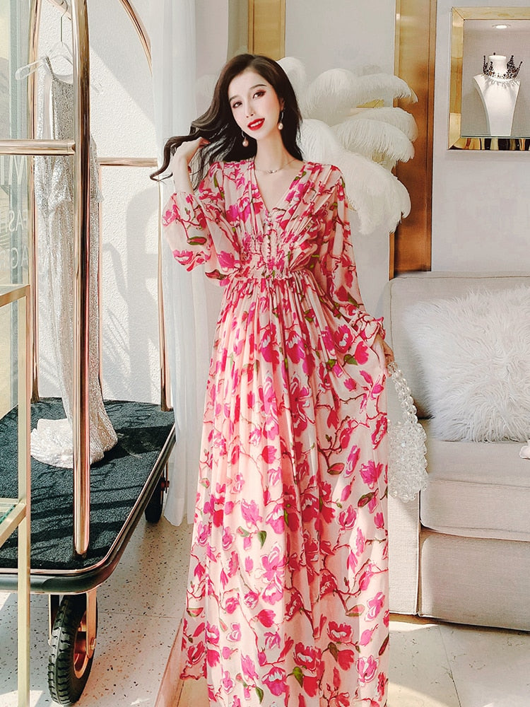 Vintage Elegant Women Floral Print Bohemian Long Dress Elastic High Waist Chiffon Casual Boho New Dress