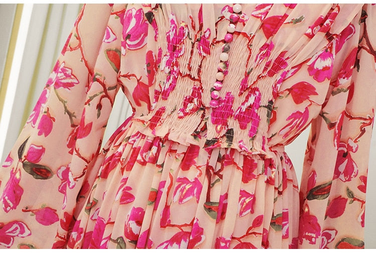 Vintage Elegant Women Floral Print Bohemian Long Dress Elastic High Waist Chiffon Casual Boho New Dress