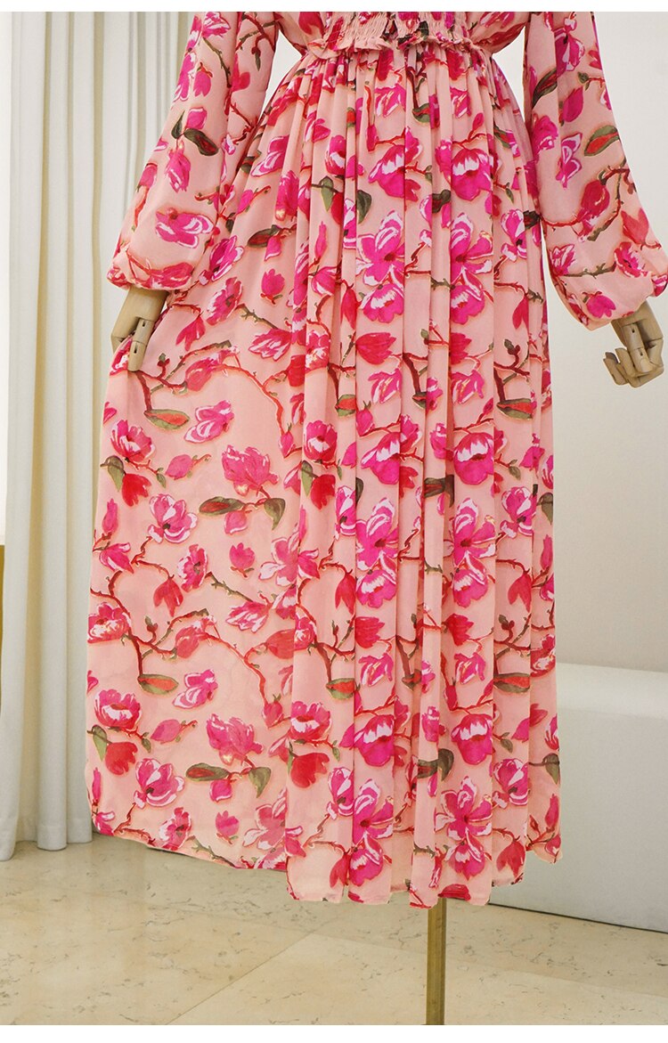 Vintage Elegant Women Floral Print Bohemian Long Dress Elastic High Waist Chiffon Casual Boho New Dress