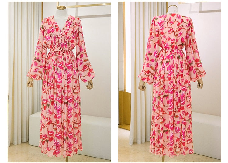 Vintage Elegant Women Floral Print Bohemian Long Dress Elastic High Waist Chiffon Casual Boho New Dress