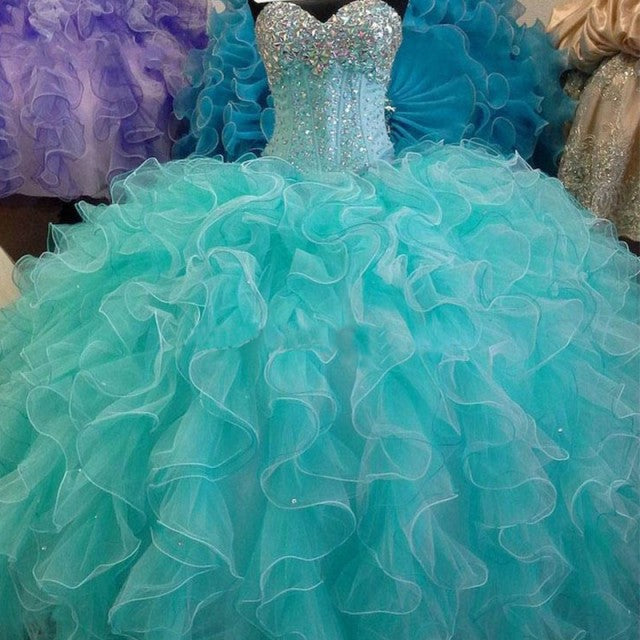 Sweetheart Organza Ball Gown Quinceanera Dresses Sparkly Crystals Beaded Floor-Length