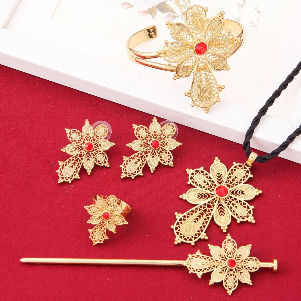 Cross Jewelry Sets 24k Gold Plated Blue Green Red Stone Cross Sets - Make Me Elegant