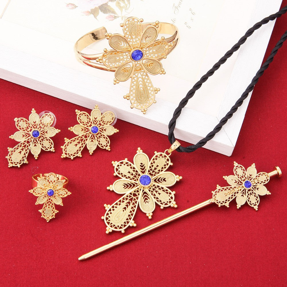 Cross Jewelry Sets 24k Gold Plated Blue Green Red Stone Cross Sets - Make Me Elegant
