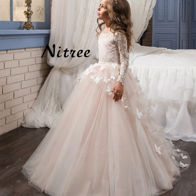 Butterfly Flower Girl Long Sleeves Pearls Ball Gown