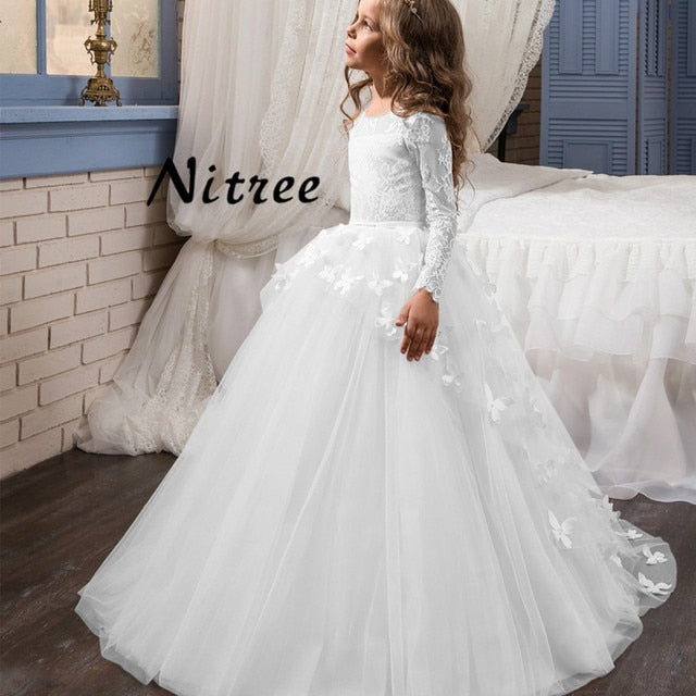 Butterfly Flower Girl Long Sleeves Pearls Ball Gown