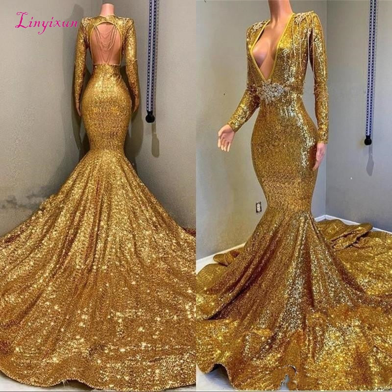 Mermaid Backless Prom Dresses V-neck Long Sleeves Sequined Bling Bling Bead Floor Length