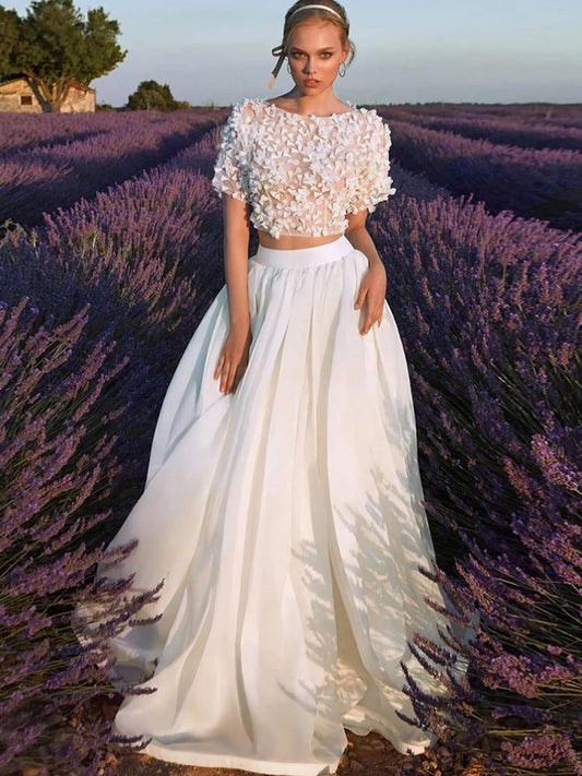 BohoTwo Pieces Wedding Dress Satin O-neck 3D Floral Lace Appliques Bridal Dress