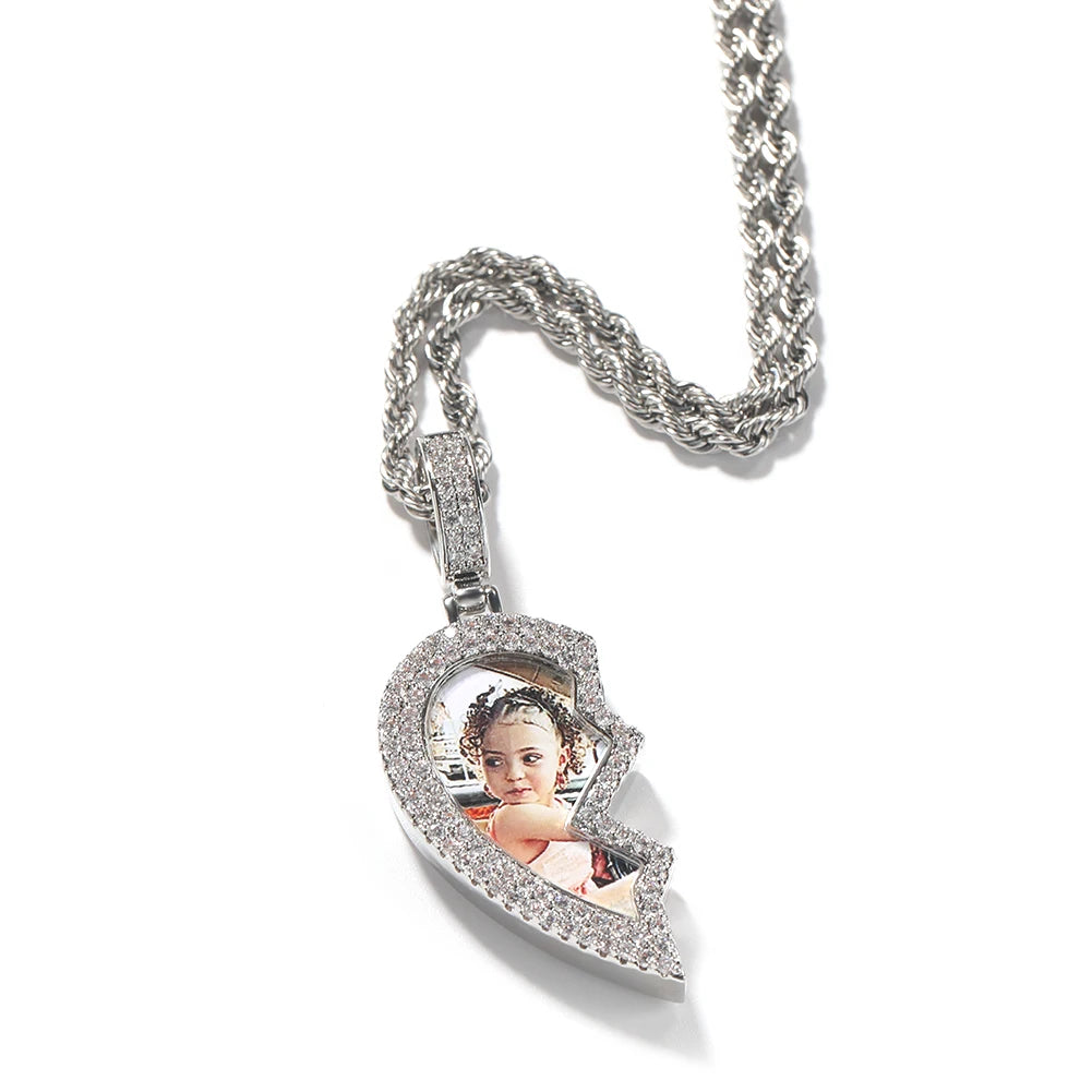 Heart Medallion Picture Pendant Necklaces Iced Out CZ Half Magnetic Heart Charms