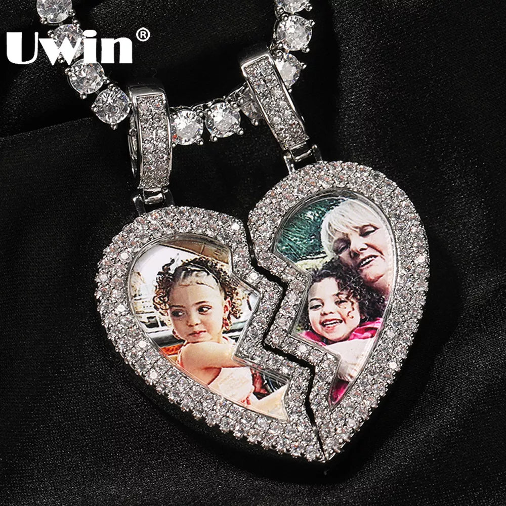 Heart Medallion Picture Pendant Necklaces Iced Out CZ Half Magnetic Heart Charms