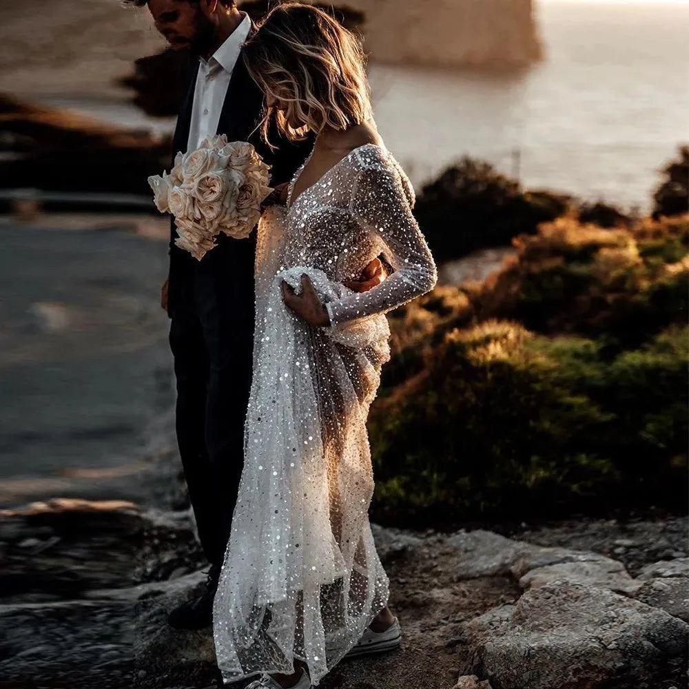 mermaid wedding dress glitter Sparkly Mermaid Wedding Dress with Lace and Spaghetti Straps ML140 Viniodress