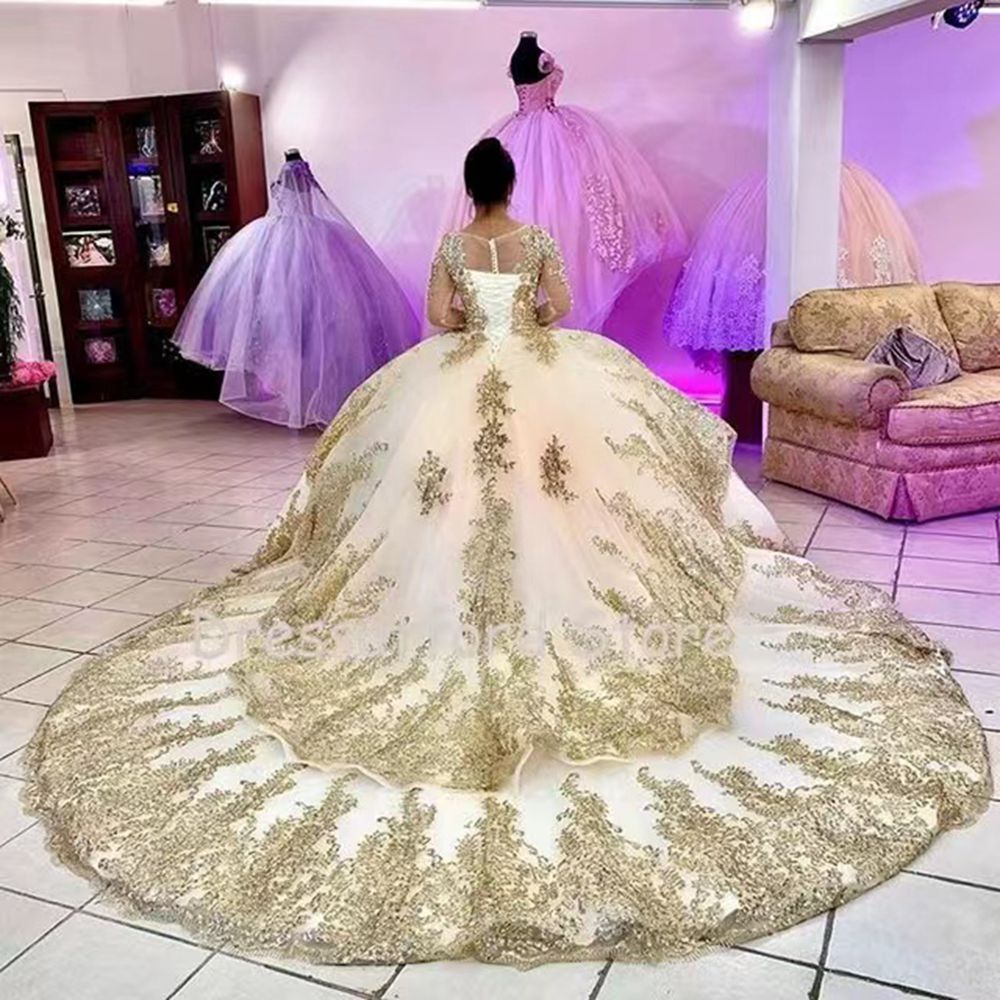 Sparkly Champagne Gold Appliques Sequined Quinceanera Dress Sparkly Champagne Gold Appliques Sequined Quinceanera Dress